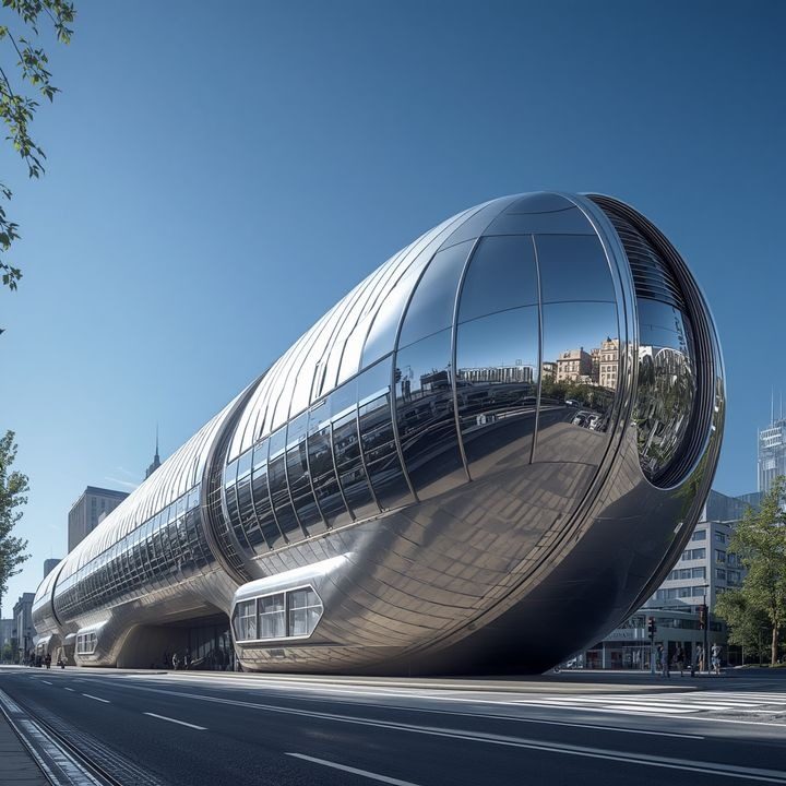 Edifício futurista cromado em forma de cápsula aerodinâmica