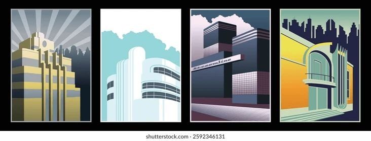 Quatro ilustrações de edifícios Streamline Moderne